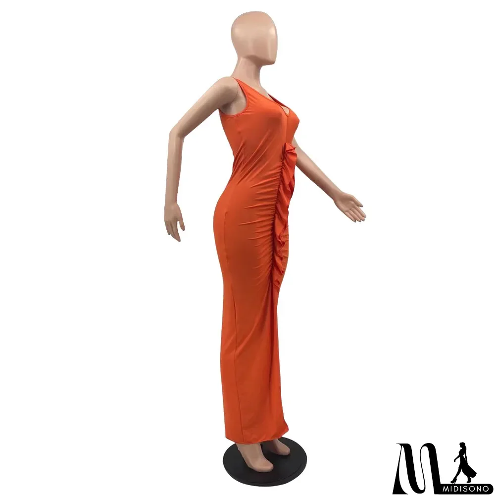 MidiSono - Solid Sleeveless V Neck Ruffled Split Maxi Dress