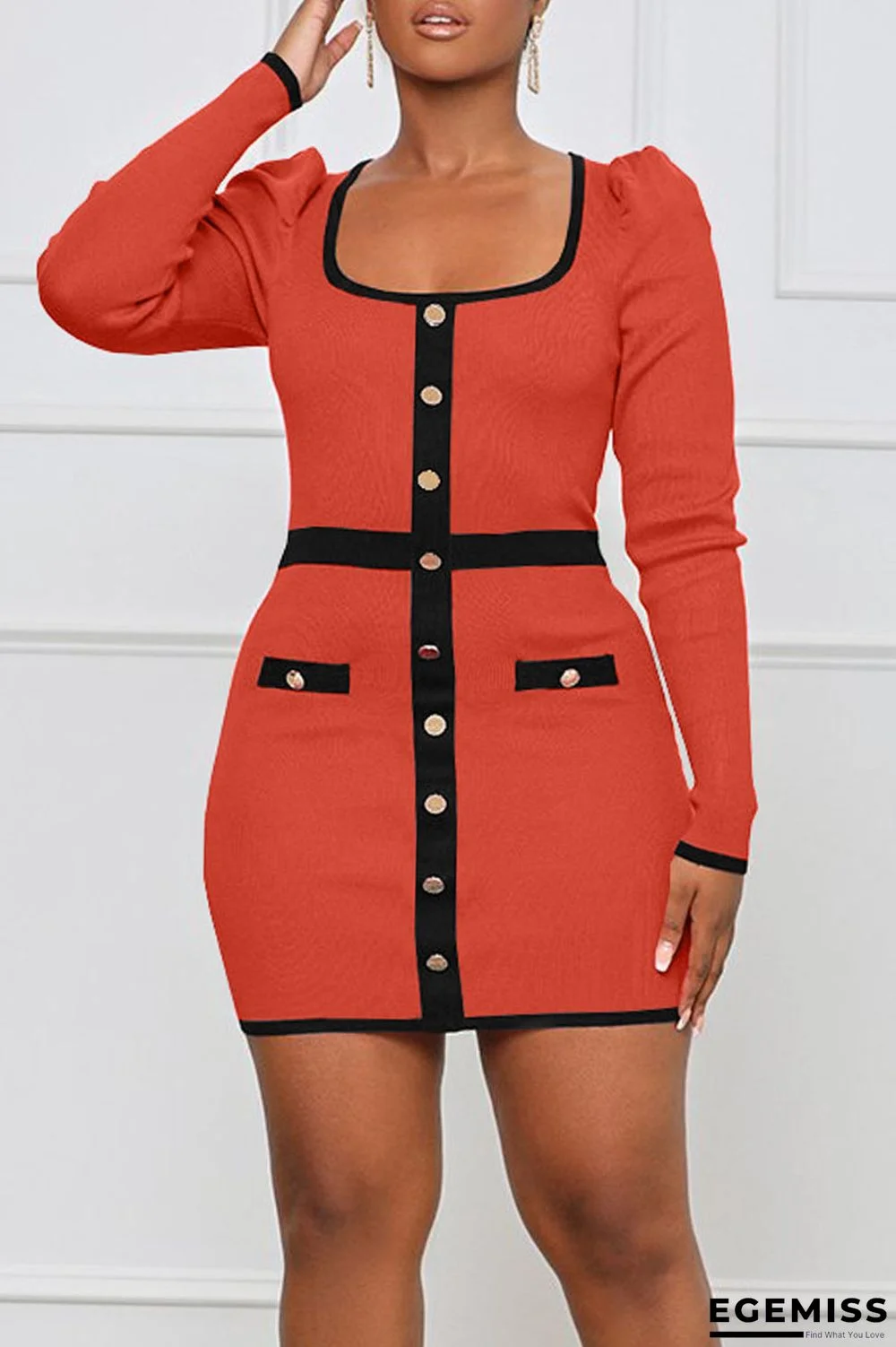 Tangerine Red Casual Solid Patchwork Buttons U Neck One Step Skirt Dresses | EGEMISS