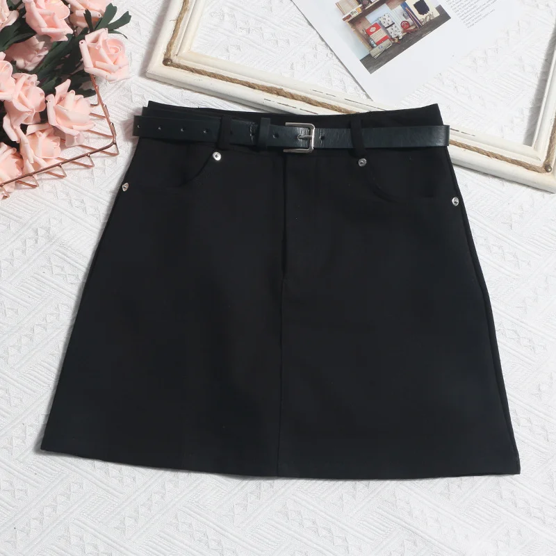 Uveng Real Shooting Gray Short Skirt Women's Summer Leisure High-Waisted Thin A-Body Skirt Anti-Walking Bag Hip Skirt With Belt 8010