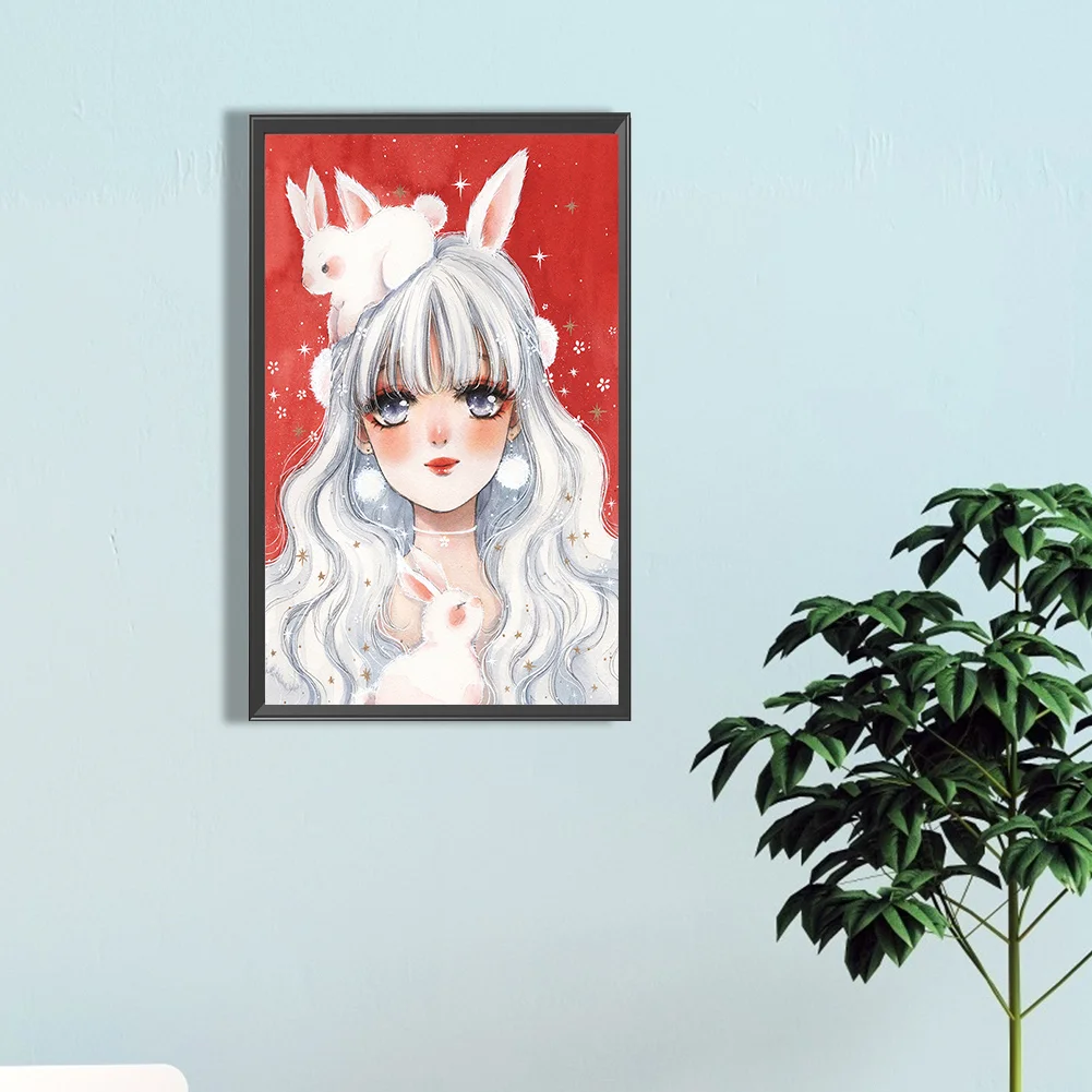 Full Round Diamond Painting 30*50cm - White Hair Bunny Ears Girl