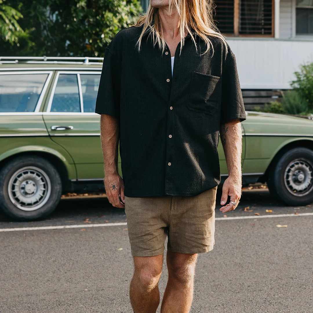 Men's Vintage Casual Textured Short Sleeve Stripe Shirt-inspireuse