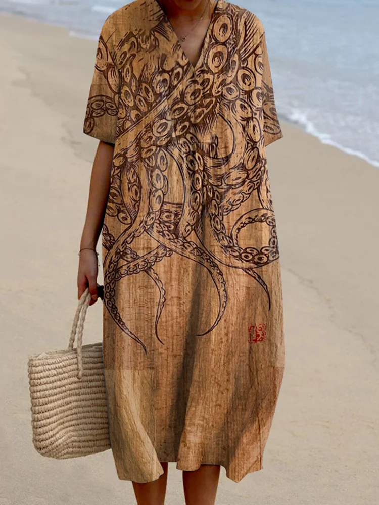 Vintage Octopus Tentacles Art Pattern Printed Women's Flowy Dress
