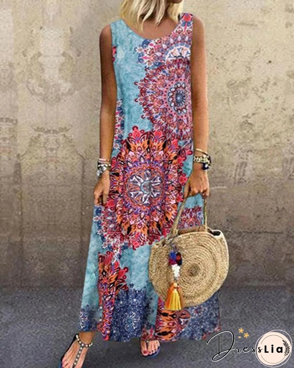 Sleeveless Color-block Floral Print Holiday Maxi Dress