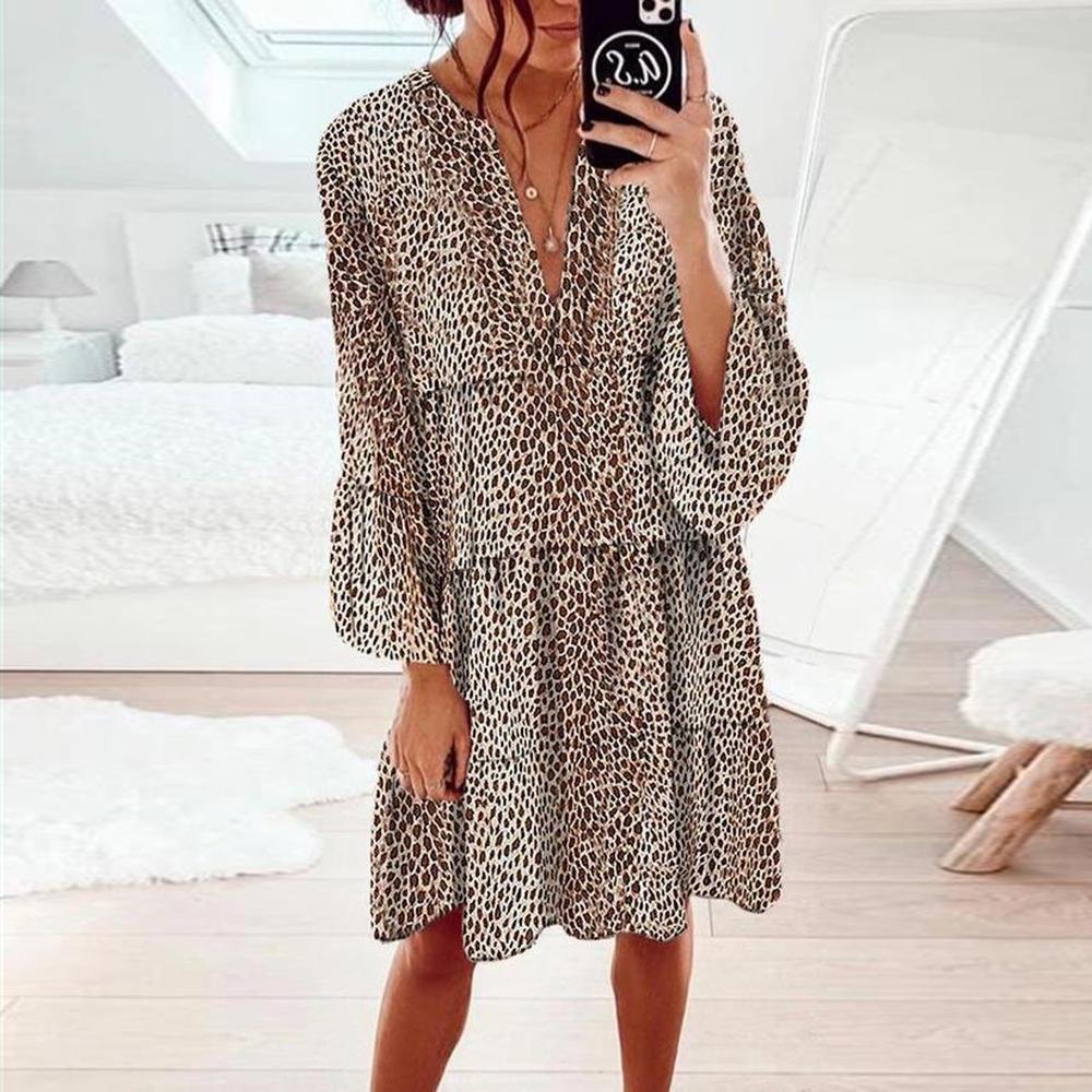 Casual V-neck Leopard Print Long Sleeve Dress Oversize Mini Dress For Women MusePointer