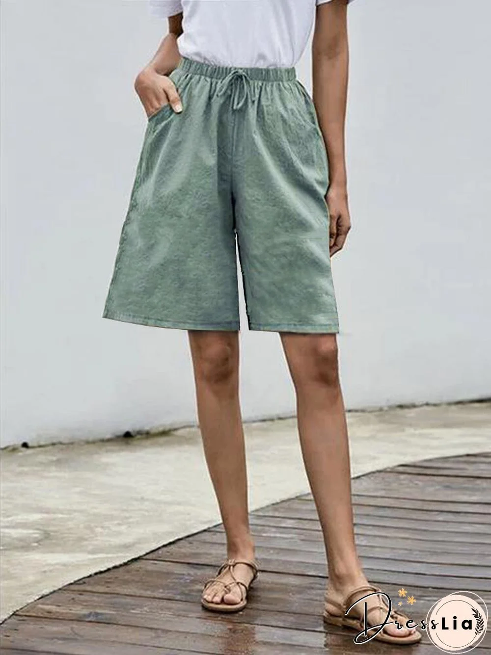 Solid Color Elastic Waist Drawstring Casual Shorts