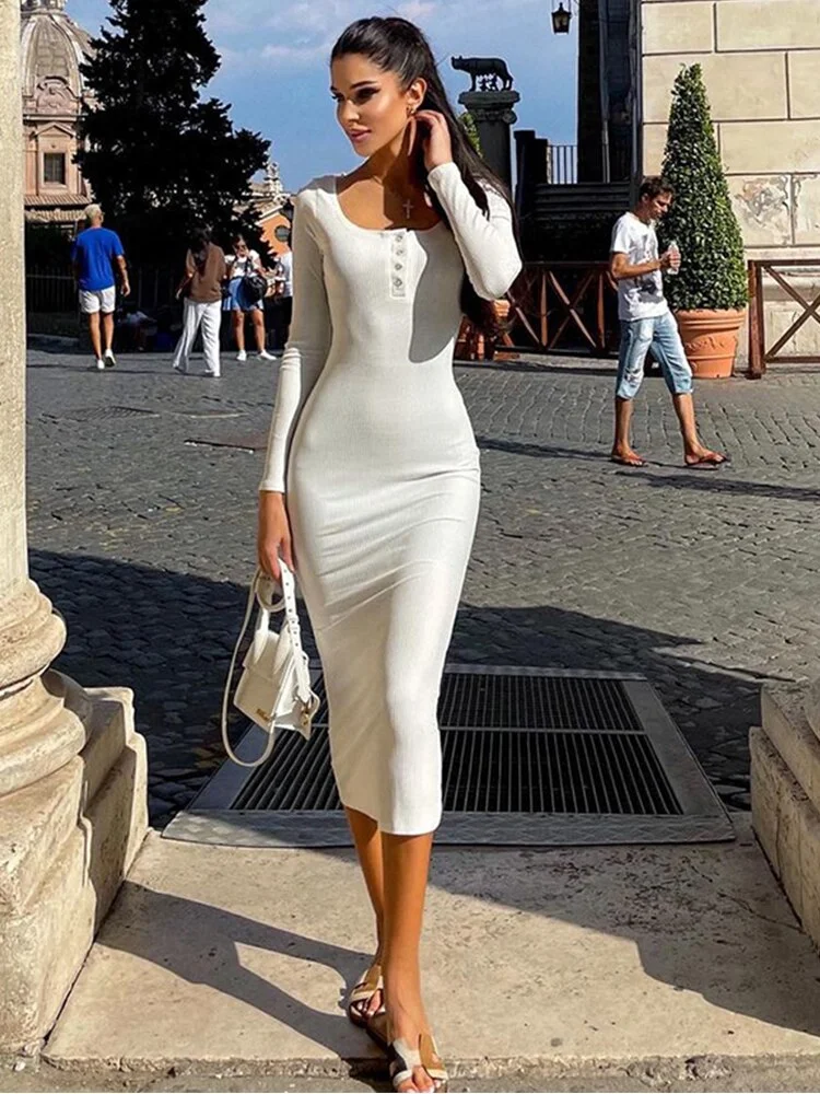 WannaThis Knit Midi Dresses For Women Sexy Button Elegant Long Sleeve Square Collar Bodycon Basic Autumn Casual Fashion Dresses