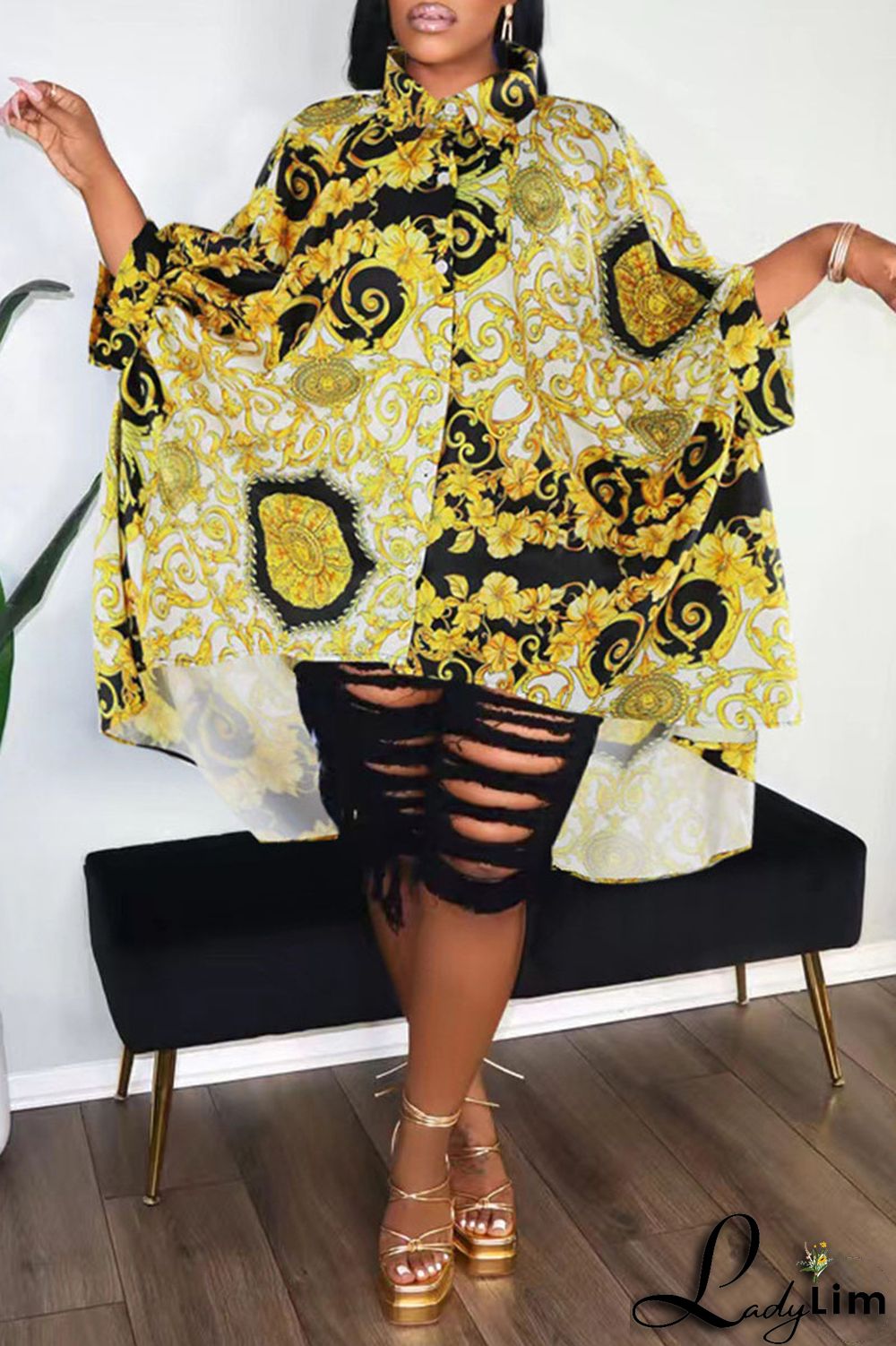 Black Casual Print Split Joint Buckle Turndown Collar Tops