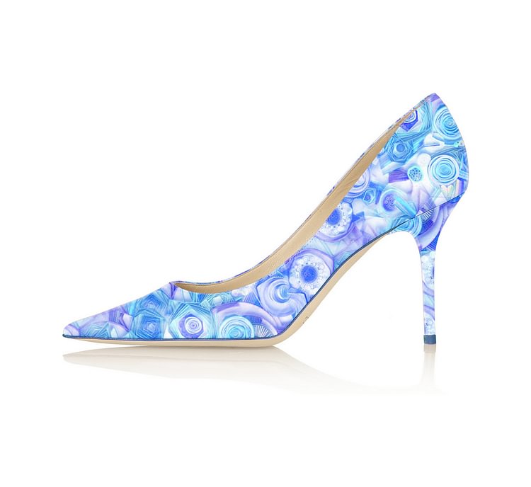 Women's Esther Blue Floral Heels Stiletto Heel Pumps |FSJ Shoes