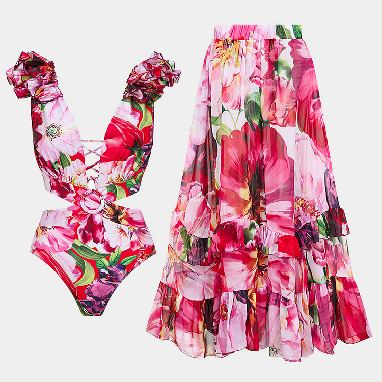 Ruffle Cut Out Floral Printed One Piece Swimsuit and Skirt