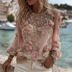 Women's Pink Roses Embroidery Art Pattern Long Sleeve T-shirt - Image 2