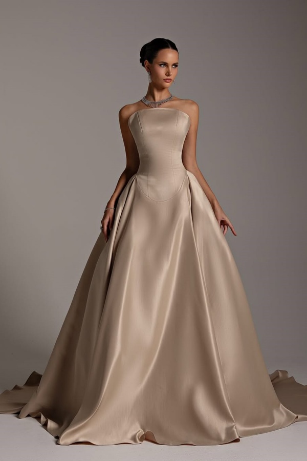 Strapless Champagne A-Line Elegant Prom Dress