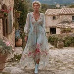 Women's Vintage Bohemian Floral Sequin Embroidery Casual Maxi Dress - Image 2