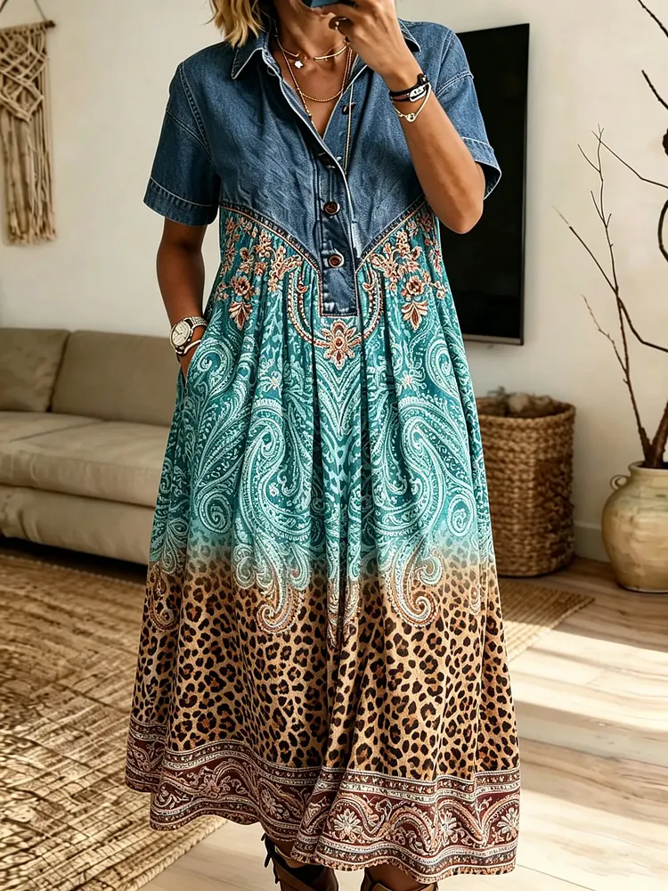 Women&rsquo;s Teal Paisley Leopard Patchwork Maxi Dress