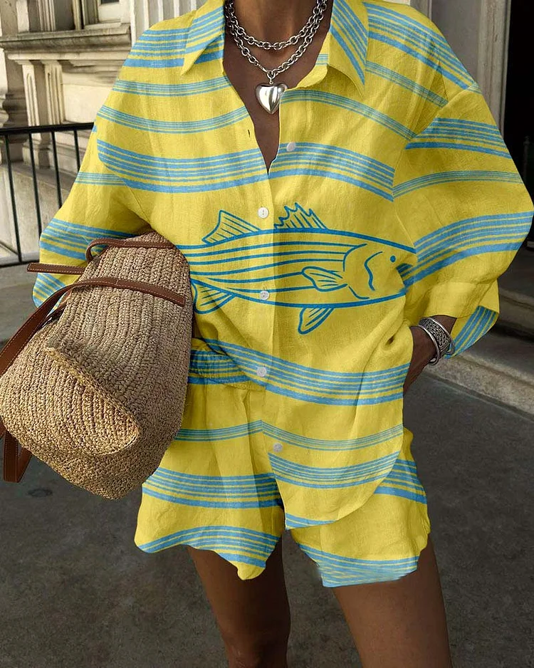 Chic Striped Fish Print Casual Two-Piece Set