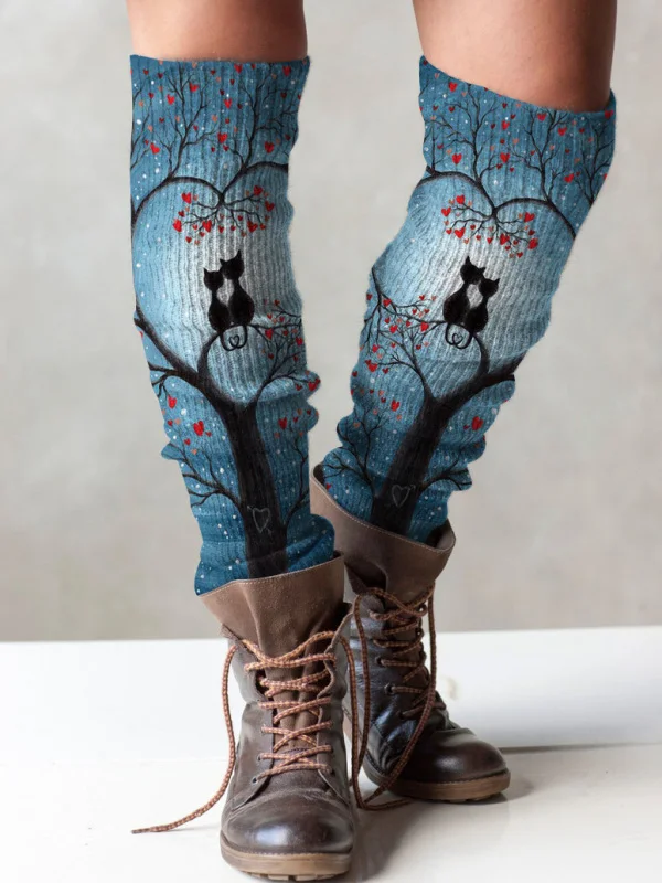 （Ship within 24 hours）Retro cat print knit boot cuffs leg warmers