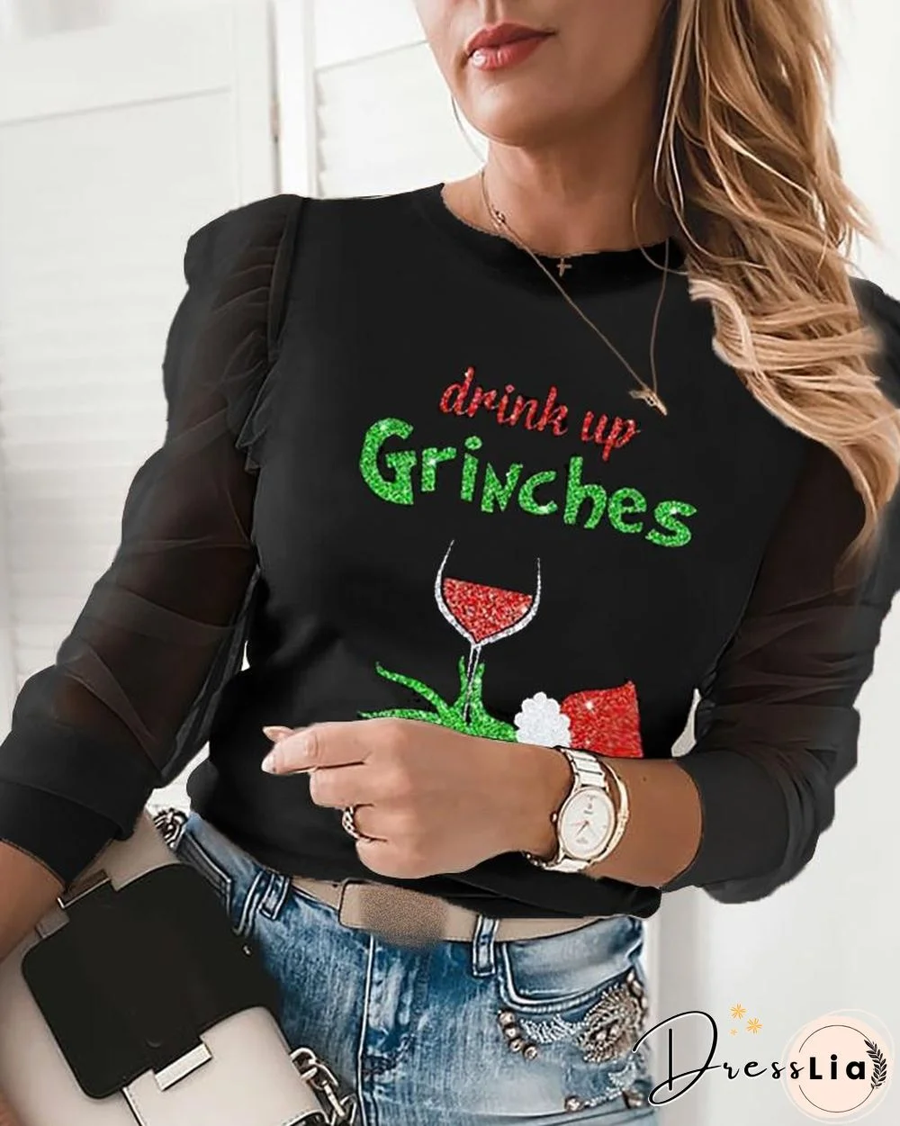 Christmas Letter Wine Glass Print Sheer Mesh Puffed Sleeve Top