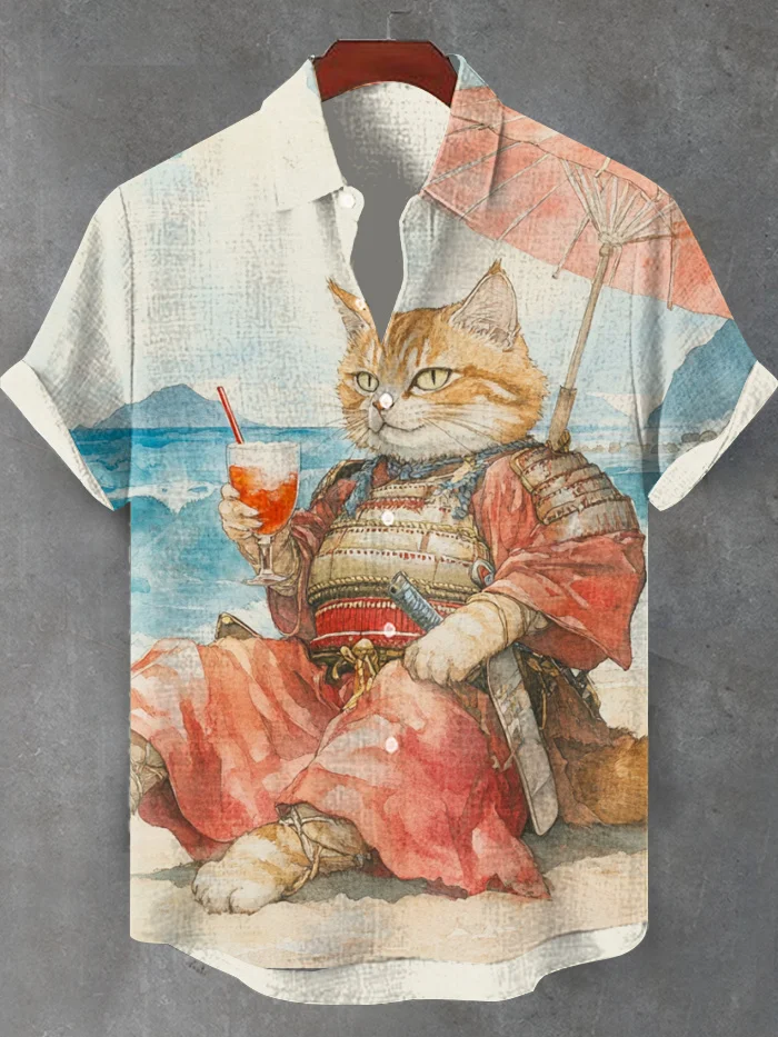 Men's Japanese Samurai Cat Watercolor Print Short Sleeve Shirt
