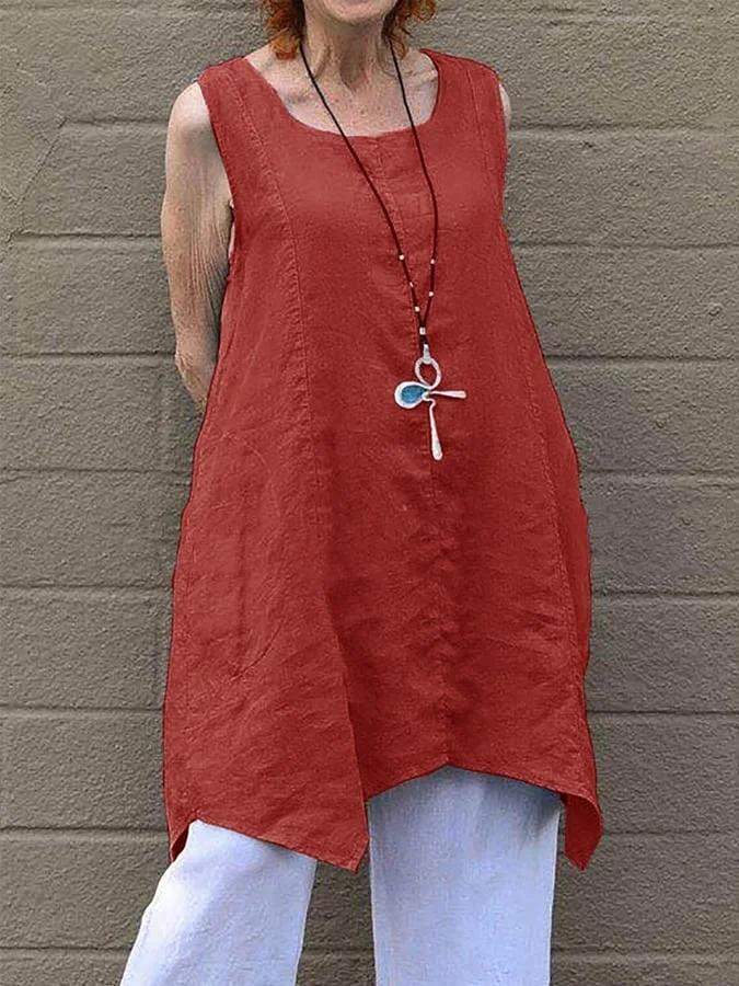 Women's Solid Color Double  Pocket Cotton Linen Casual Shirt Skirt