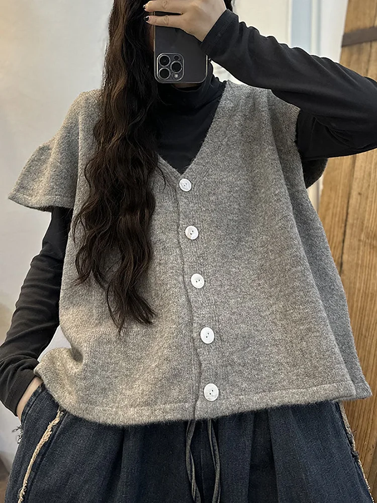 Women Artsy Knitted Button Solid Sleeve Vest