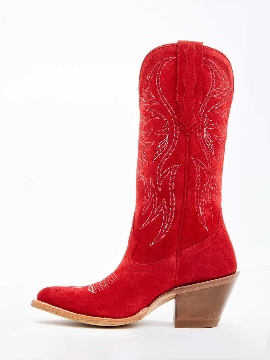 Red Faux Suede Pointed Toe Embroidered Block Heel Western Boots