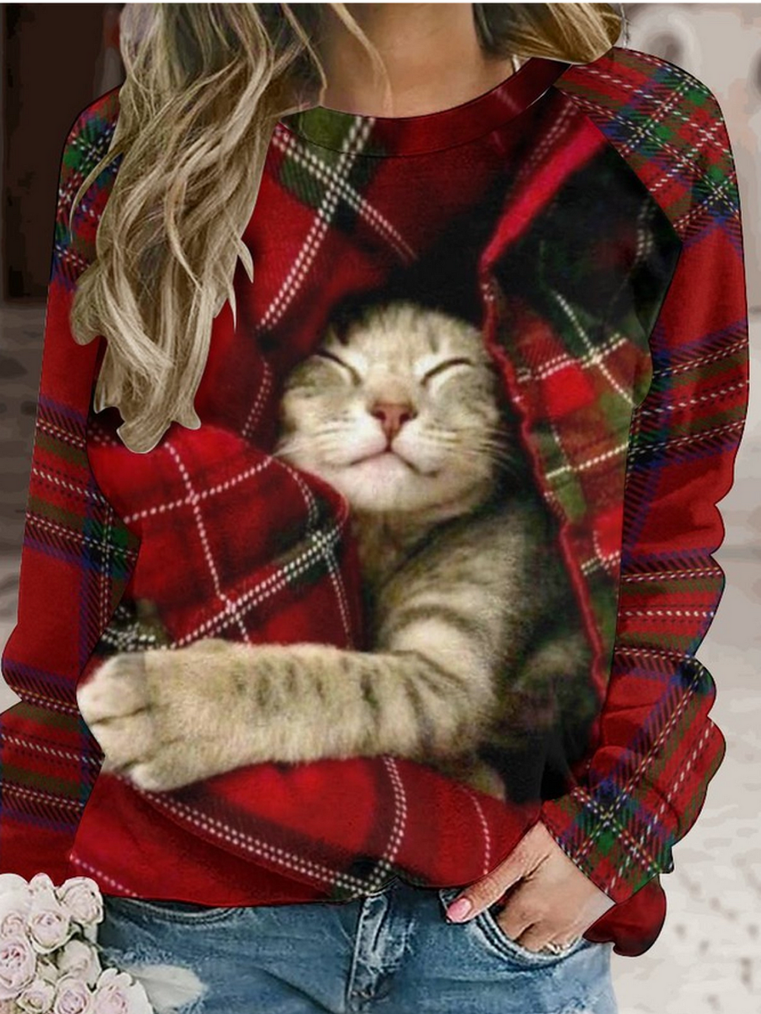Womens Christmas Cat Crew Neck Sweatshirts