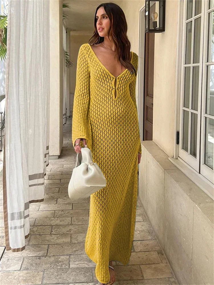White Knit Fashion Cover up Maxi Dress See-Through V-Neck Hollow Out Beach Holiday Dress Knitwear Backless Dress