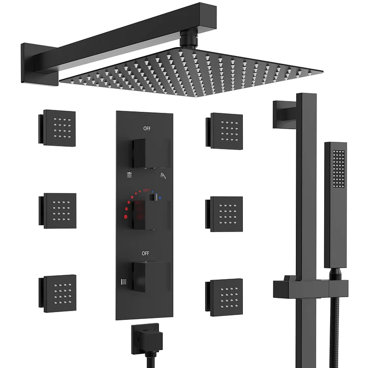 EVERSTEIN Luxury Wall-Mounted Shower Faucet System in Matte Black SFS-1016-BK12