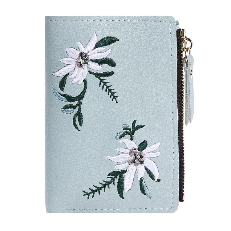 Flowers Embroid Women Short Wallet PU Leather Coin Card Holder Clutch/Green