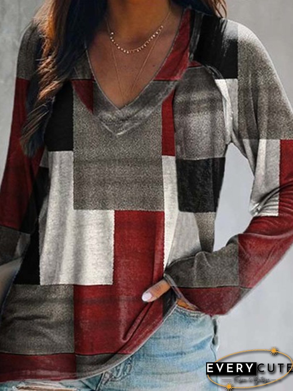 Long Sleeve V Neck Color Block Casual T-shirt