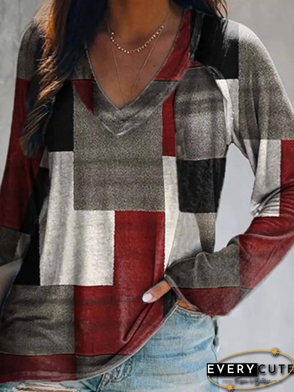 Long Sleeve V Neck Color Block Casual T-shirt