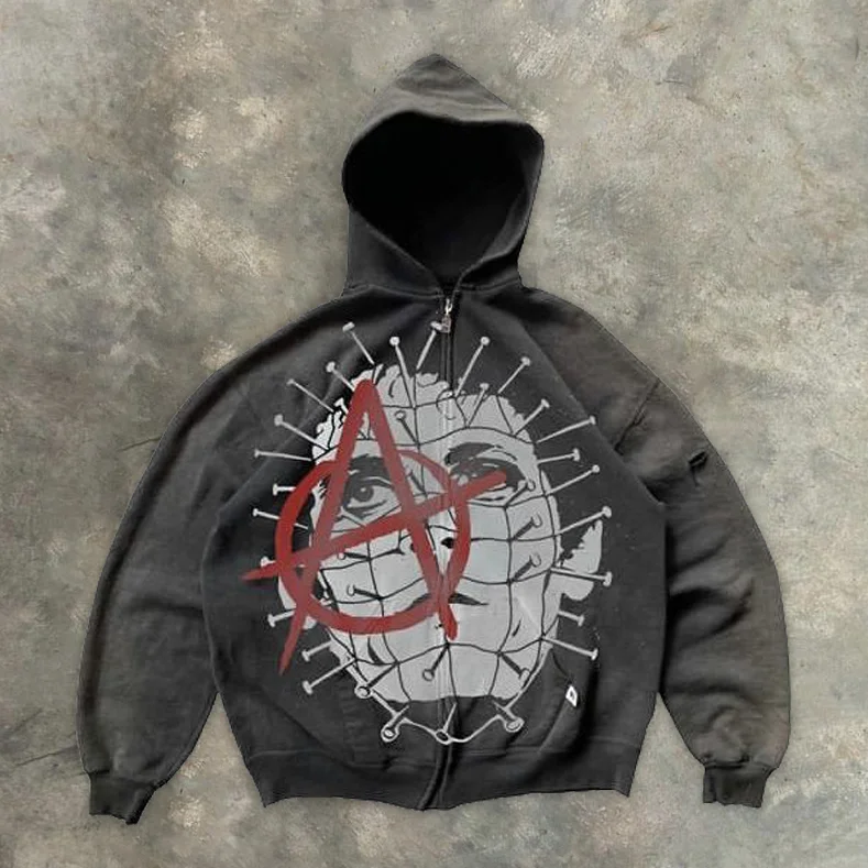 Street Style Long Sleeve Printed Zip Hoodie