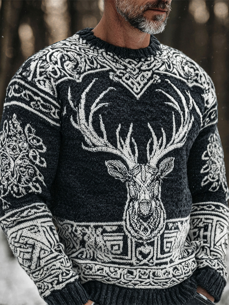 Viking Celtic Knot & Christmas Moose Men's Icelandic Sweater elevenforest