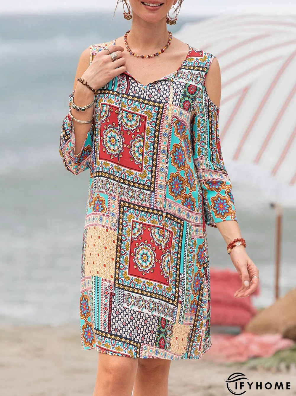 Women Tribal Cold Shoulder Casual Weaving Dress | IFYHOME