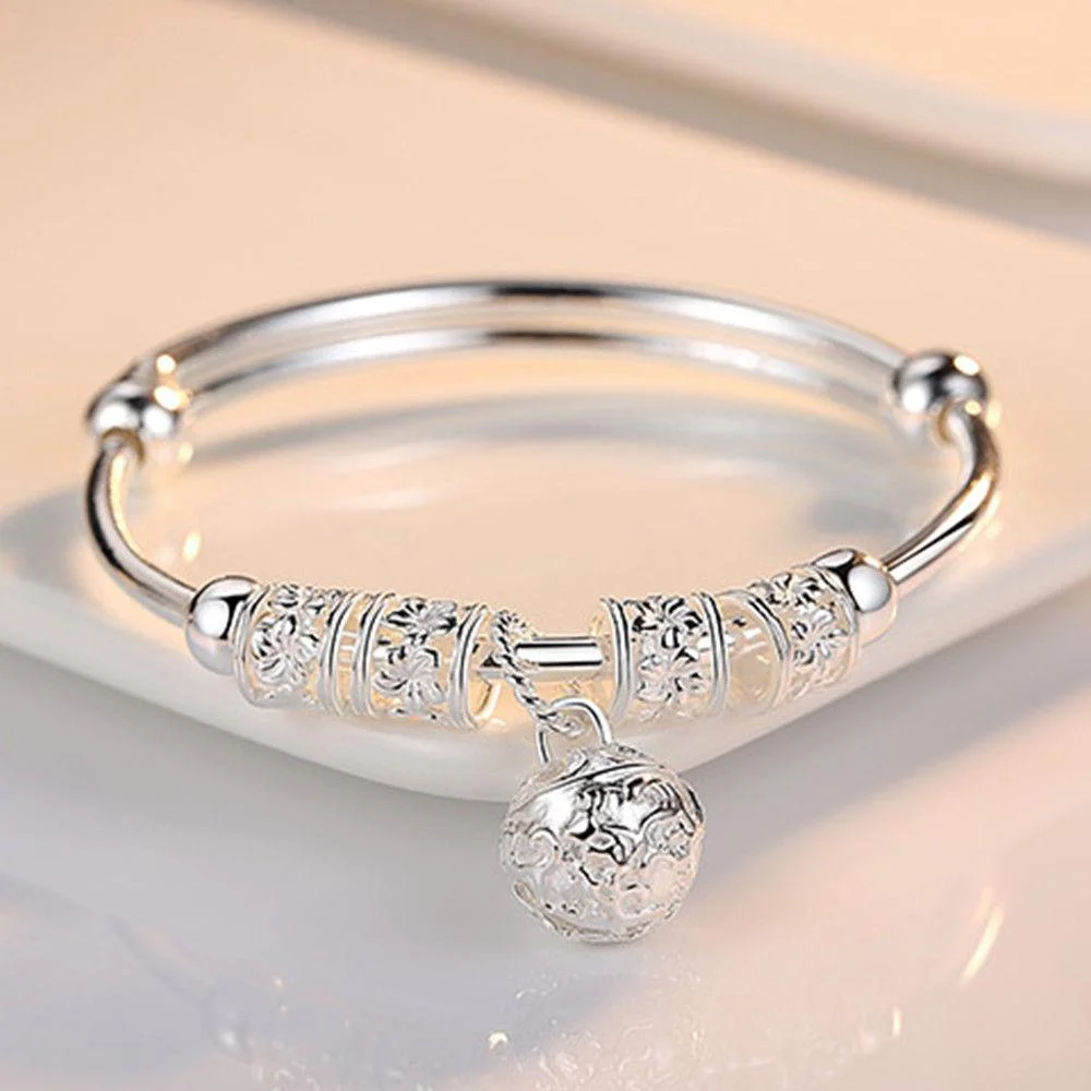 Precious Sterling Silver Floral Ball Charm Bangle Bracelet Jewelry