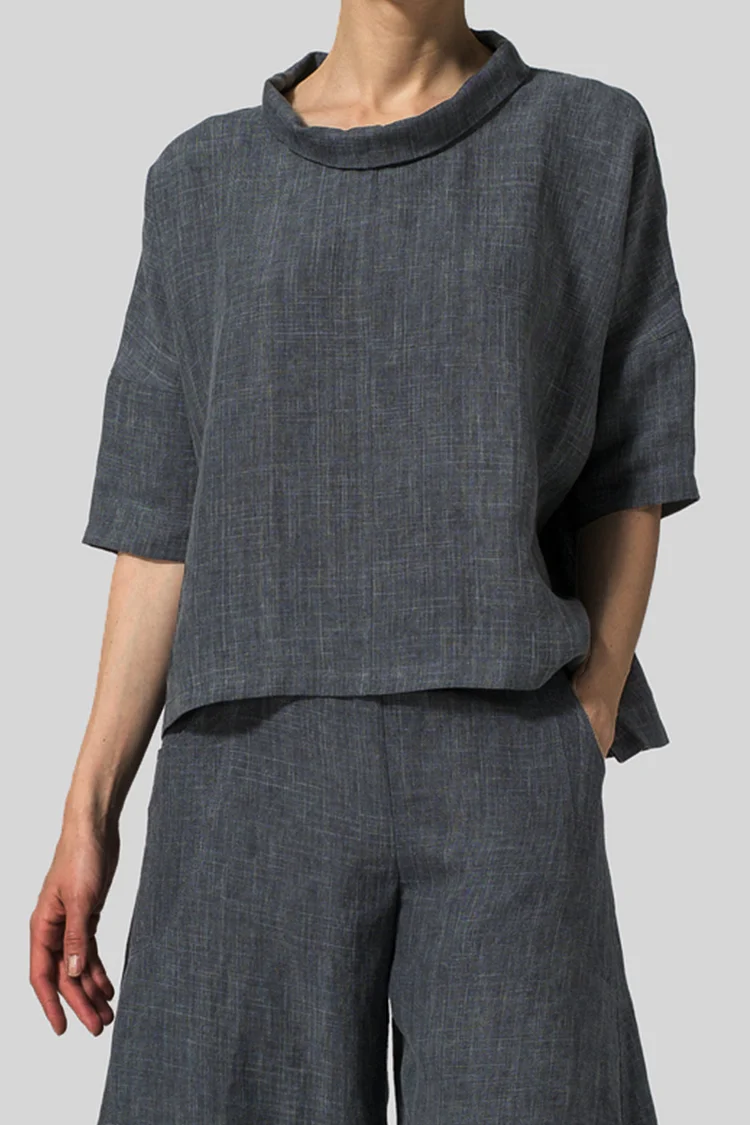 LINEN BAND COLLAR BOXY TOP
