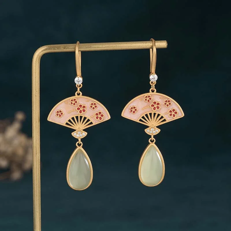 Green Aventurine Fan Pattern Luck Drop Earrings