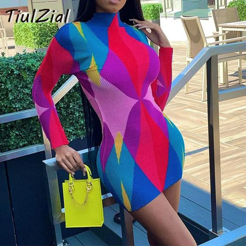 Print Ribbed Knitted Long Sleeve Short Club Dress 2022 Skinny Party Bodycon Women Dress High Waist Short Dresses