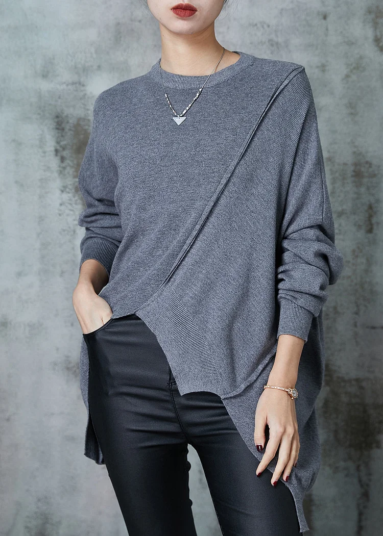 Grey Patchwork Knit Sweater Asymmetrical Design Spring