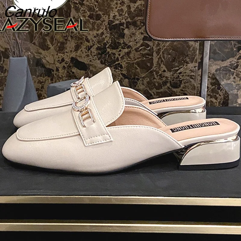 Canrulo Square Toe Slides Mules Shoes 3cm Heels Crystals Metal Buckle Women Slides New Summer Woman Ladies Half Slippers