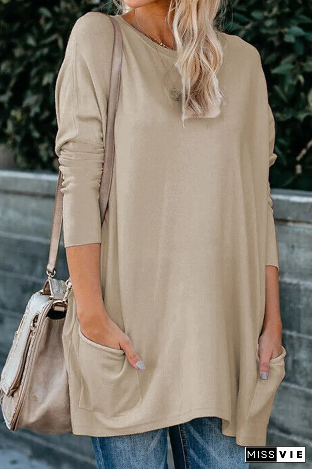 Casual Solid Split Joint Pocket O Neck Tops（13 colors）