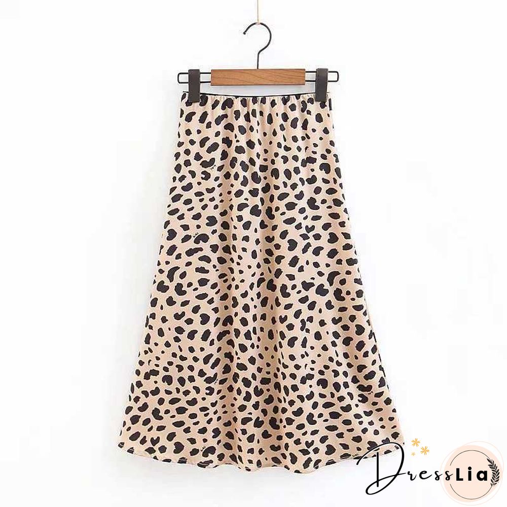 Retro Elastic Band High Waisted Leopard Print Satin Midi Skirt