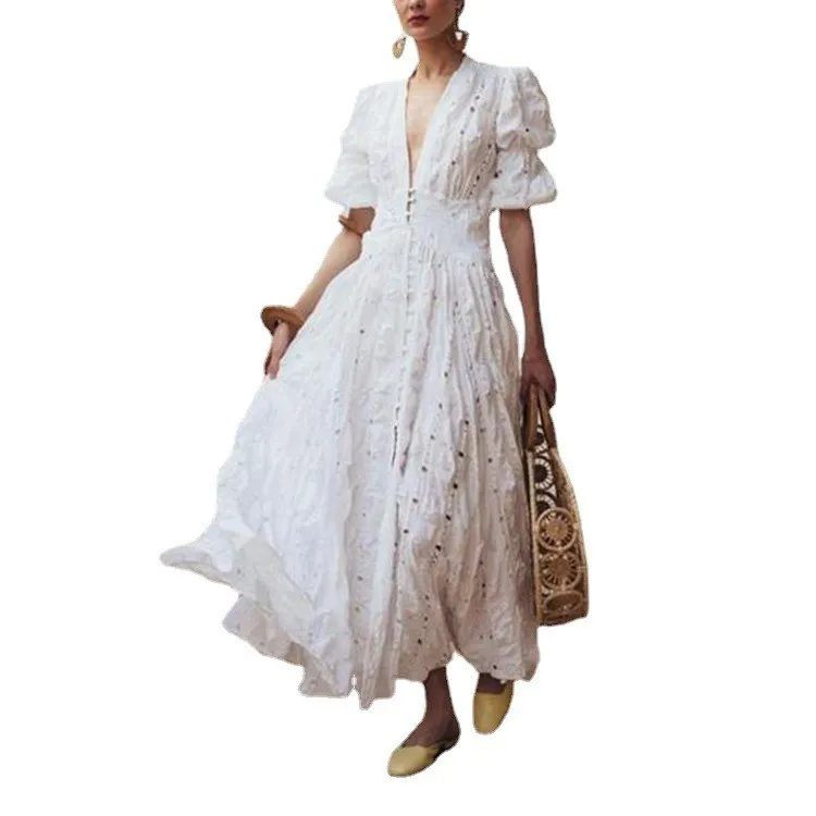Brownm Brownm 2025 New Women's Wish Deep V Bubble Sleeve Lace Dresses