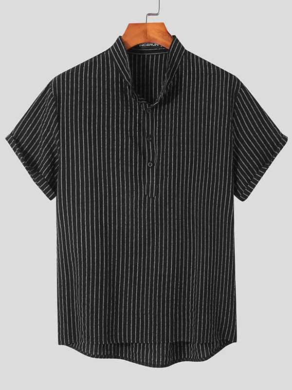 Aonga - Mens Striped Half Open Short Sleeve ShirtJ