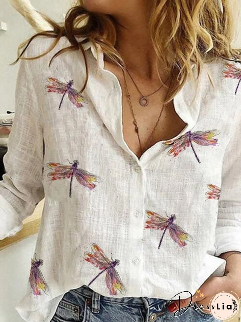 Shawl Collar Shift Cotton Long Sleeve Blouse