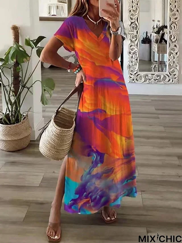 Women's Long Dress Maxi Dress Casual Dress T Shirt Dress Tee Dress Print Dress Floral Striped Basic Casual Outdoor Holiday Vacation Split Print Short Sleeve V Neck Dress Loose Fit White Blue Orange