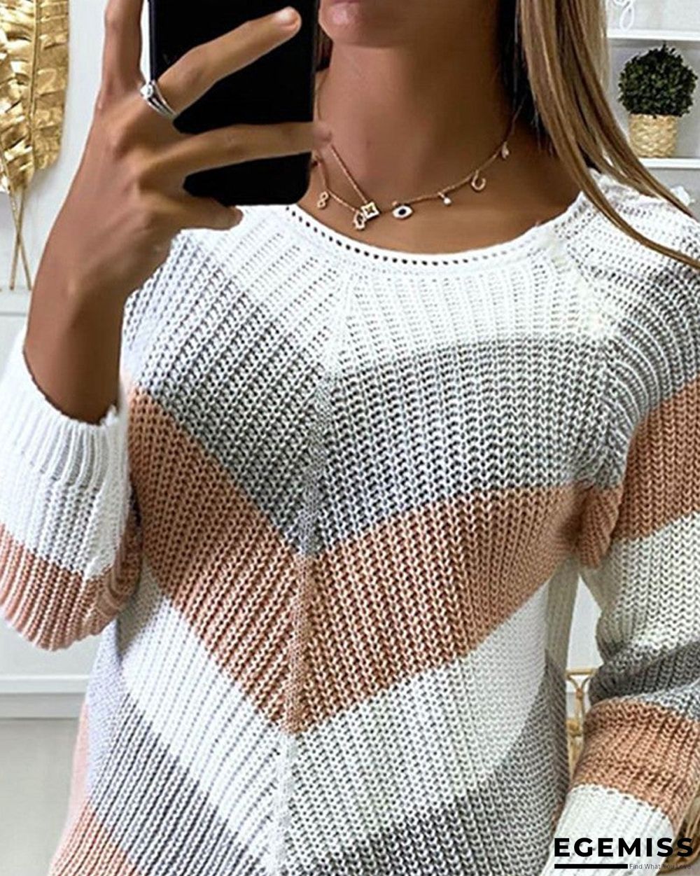 Chevron Pattern Colorblock Long Sleeve Knit Sweater | EGEMISS