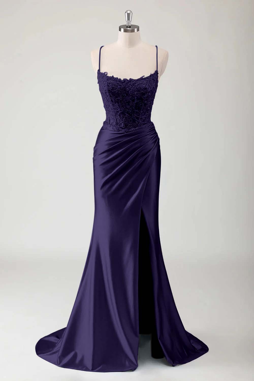 Hidais Spaghetti Strap Sleeveless Long High Split Prom Dress With Appliques