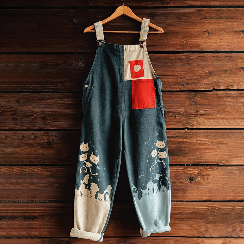 Women's Cute Cat On Mount Fuji Color Block Denim Jumpsuit elevenforest