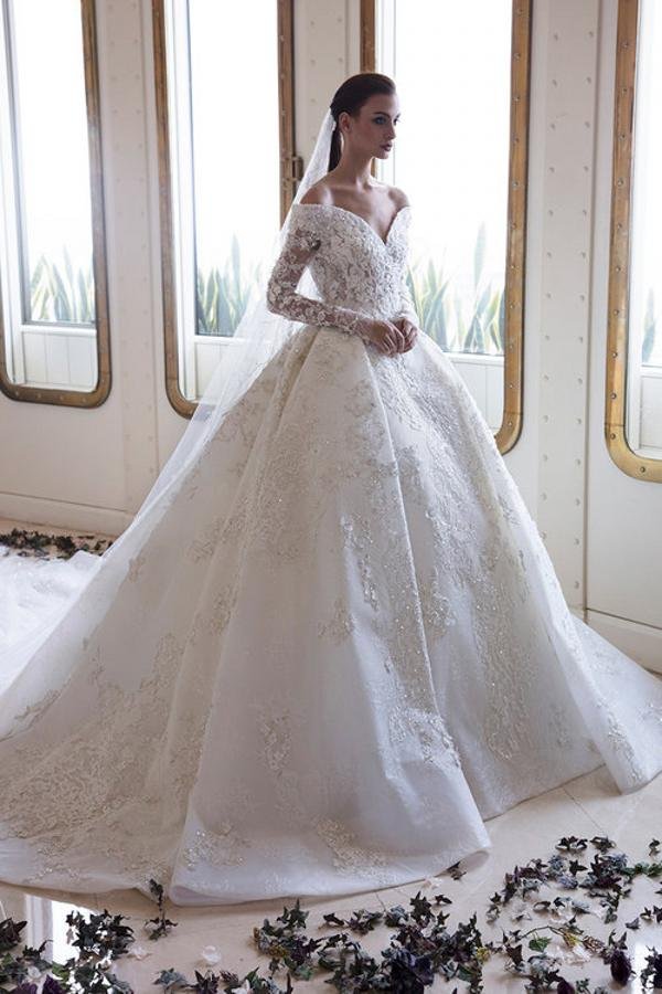 Romantic Sweetheart Long Sleeves A-Line Off-the-Shoulder Wedding Dress Backless With Appliques Lace Crystal | Ballbellas Ballbellas