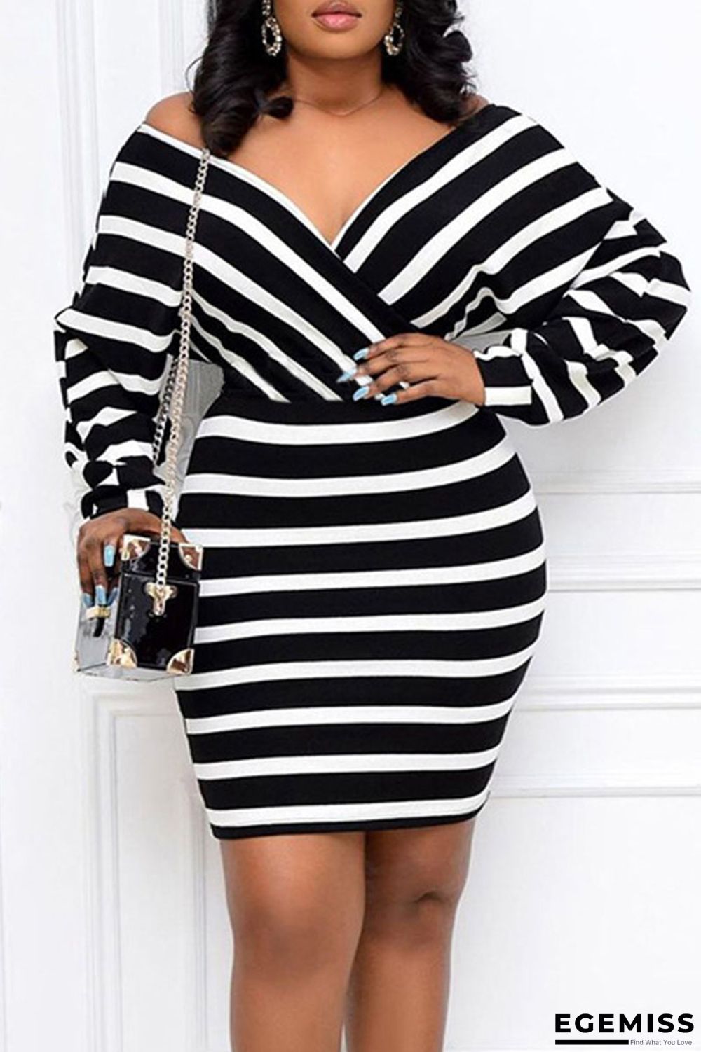 White Casual Striped Print Patchwork V Neck Pencil Skirt Plus Size Dresses | EGEMISS